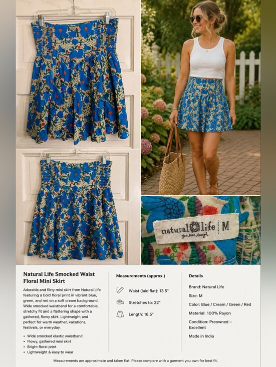 NATURAL LIFE Dresses & Skirts - Natural Life Floral Smocked Mini Skirt Size M Blue Boho Cottagecore
